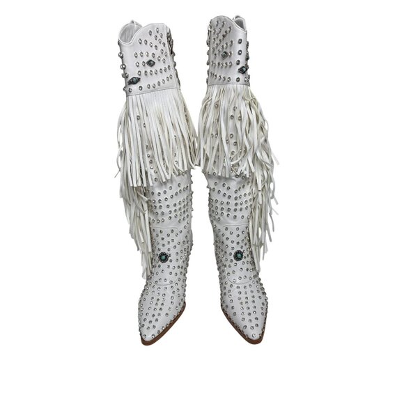 NWT Azalea Wang Bennett White Rhinestone Fringe Western Boots Glam Cowgirl - Picture 3 of 12